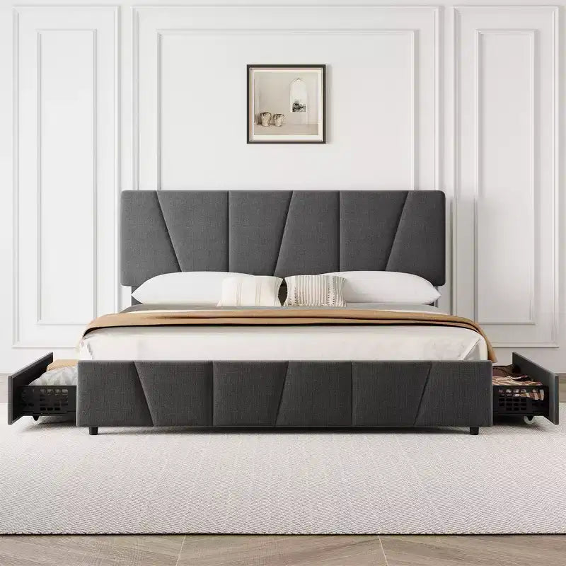 Upholstered Platform Bed Frame with Adjustable Headboard & Storage Drawers, Wood Slats, No Box Spring Needed, Modern Bedroom