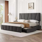 Upholstered Platform Bed Frame with Adjustable Headboard & Storage Drawers, Wood Slats, No Box Spring Needed, Modern Bedroom