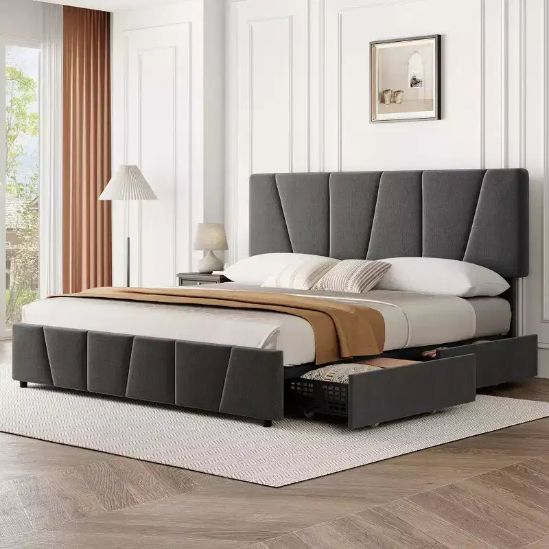 Upholstered Platform Bed Frame with Adjustable Headboard & Storage Drawers, Wood Slats, No Box Spring Needed, Modern Bedroom