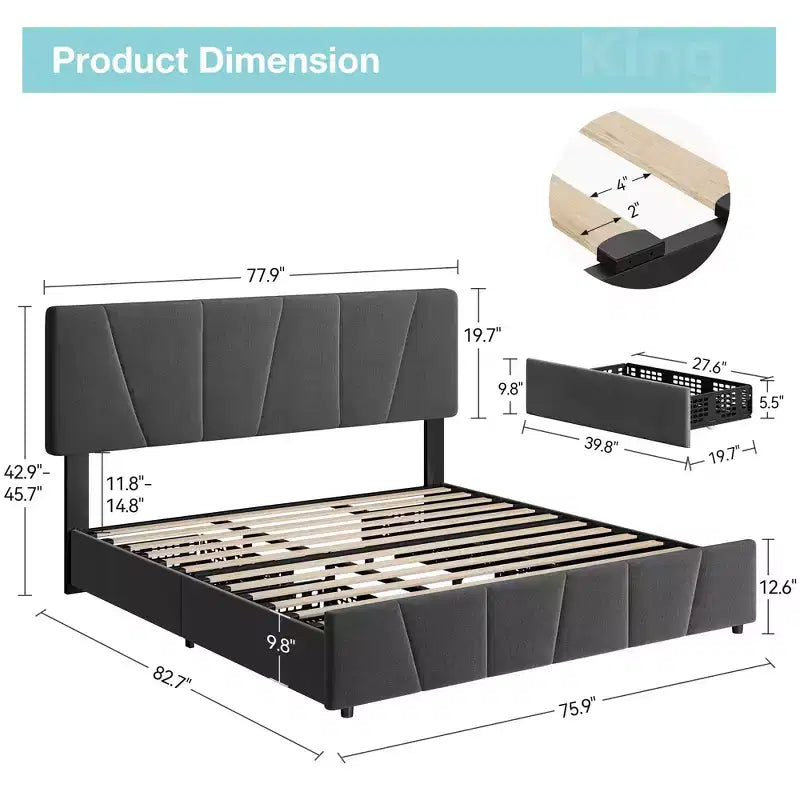 Upholstered Platform Bed Frame with Adjustable Headboard & Storage Drawers, Wood Slats, No Box Spring Needed, Modern Bedroom
