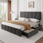 Upholstered Platform Bed Frame with Adjustable Headboard & Storage Drawers, Wood Slats, No Box Spring Needed, Modern Bedroom
