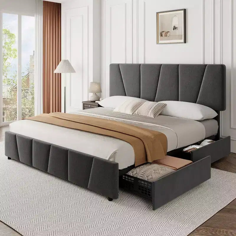 Upholstered Platform Bed Frame with Adjustable Headboard & Storage Drawers, Wood Slats, No Box Spring Needed, Modern Bedroom