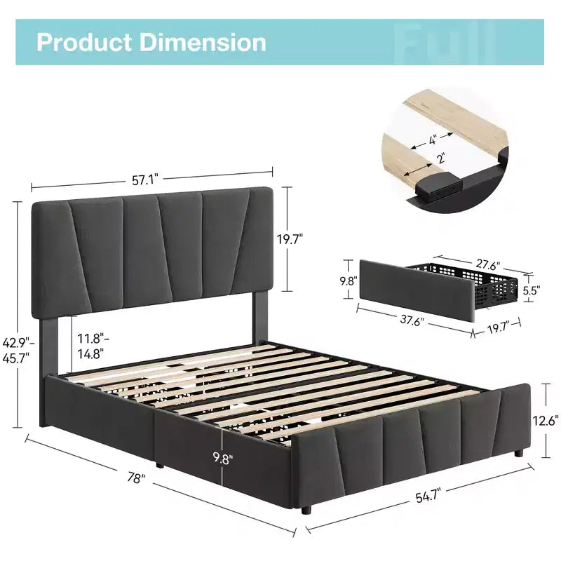 Upholstered Platform Bed Frame with Adjustable Headboard & Storage Drawers, Wood Slats, No Box Spring Needed, Modern Bedroom