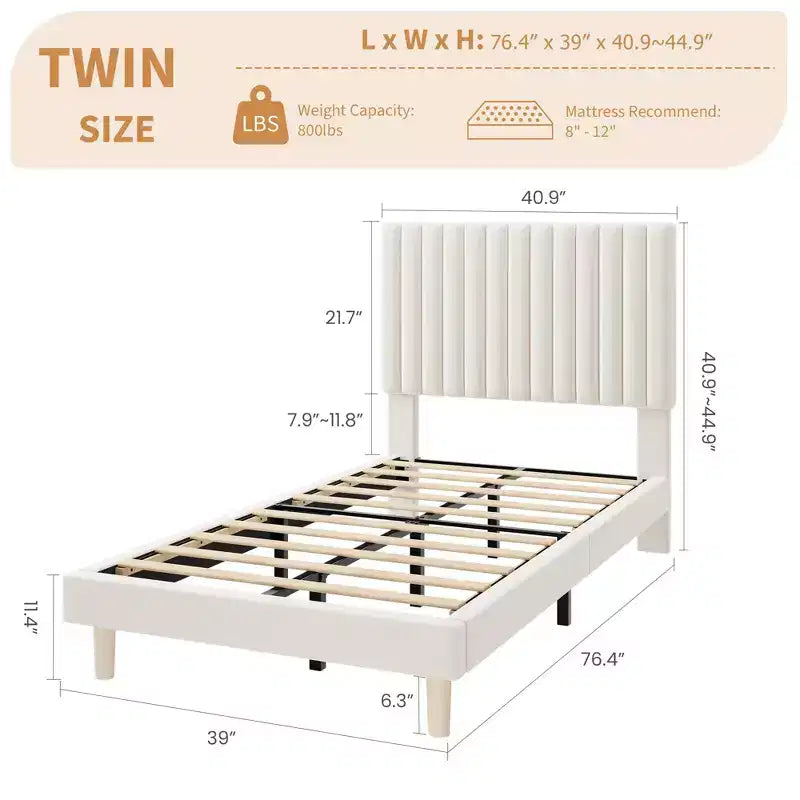 Bed Frame with Adjustable Headboard, Height Adjustable, No Box Spring Needed, Easy Assembly, Wooden Slats