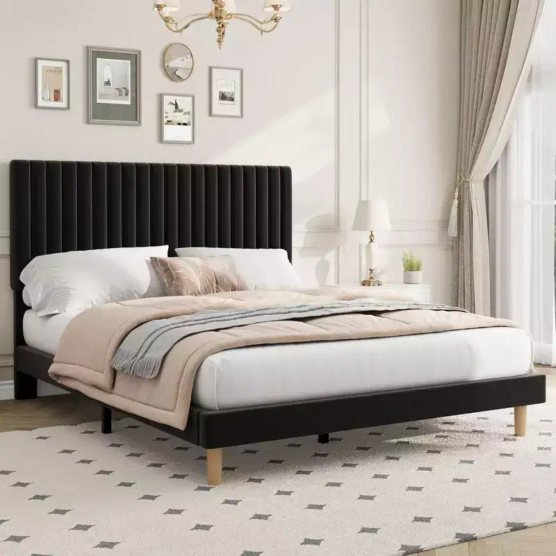 Bed Frame with Adjustable Headboard, Height Adjustable, No Box Spring Needed, Easy Assembly, Wooden Slats