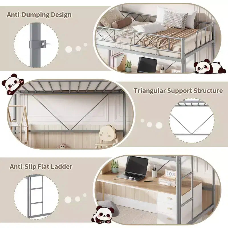 Loft Bed Twin Size with Arched Safety Guardrail & Safety Ladder, Heavy Duty Metal Frame with Sturdy Steel Slats, No Box Spring Needed, Space Saving