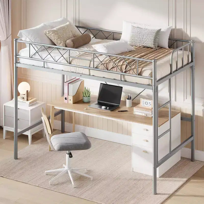 Loft Bed Twin Size with Arched Safety Guardrail & Safety Ladder, Heavy Duty Metal Frame with Sturdy Steel Slats, No Box Spring Needed, Space Saving