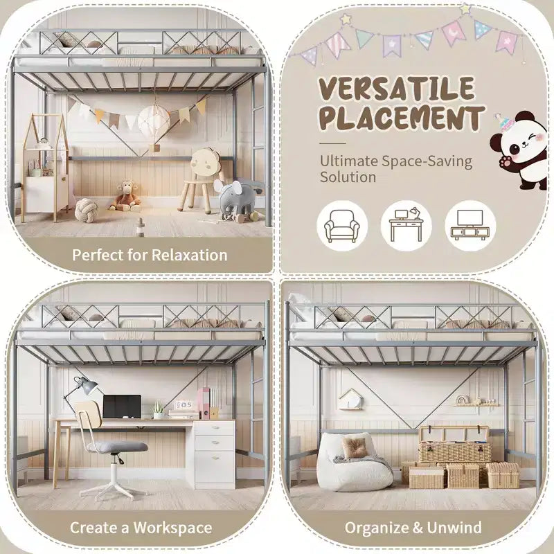 Loft Bed Twin Size with Arched Safety Guardrail & Safety Ladder, Heavy Duty Metal Frame with Sturdy Steel Slats, No Box Spring Needed, Space Saving