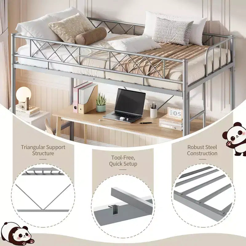 Loft Bed Twin Size with Arched Safety Guardrail & Safety Ladder, Heavy Duty Metal Frame with Sturdy Steel Slats, No Box Spring Needed, Space Saving