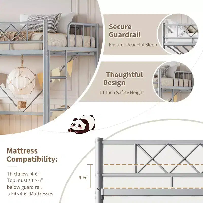 Loft Bed Twin Size with Arched Safety Guardrail & Safety Ladder, Heavy Duty Metal Frame with Sturdy Steel Slats, No Box Spring Needed, Space Saving