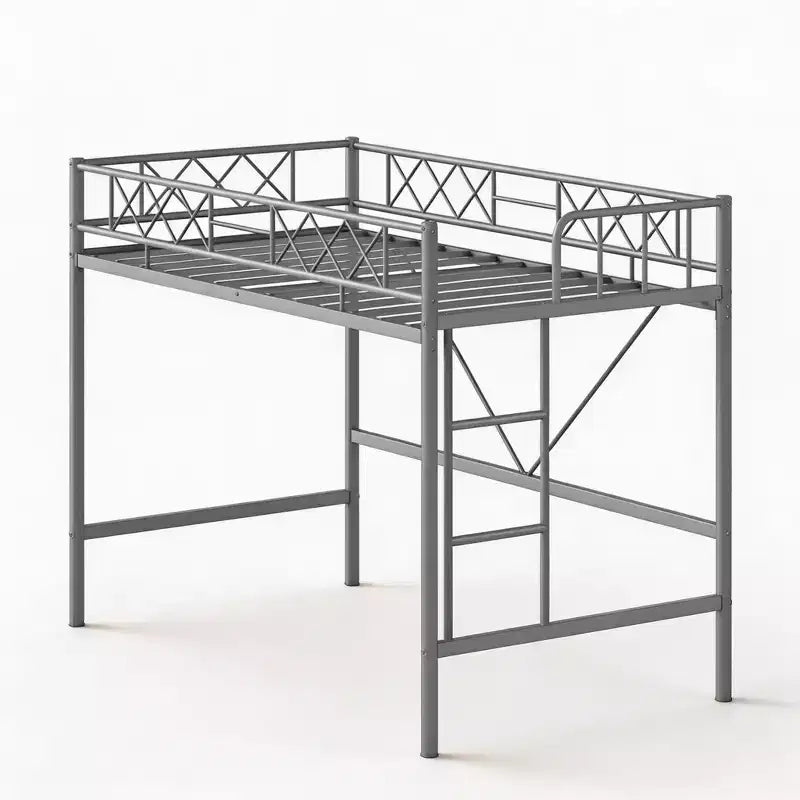 Loft Bed Twin Size with Arched Safety Guardrail & Safety Ladder, Heavy Duty Metal Frame with Sturdy Steel Slats, No Box Spring Needed, Space Saving