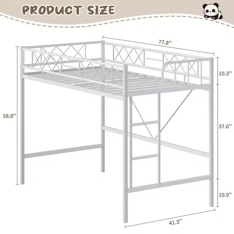 Loft Bed Twin Size with Arched Safety Guardrail & Safety Ladder, Heavy Duty Metal Frame with Sturdy Steel Slats, No Box Spring Needed, Space Saving
