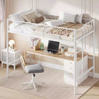 Loft Bed Twin Size with Arched Safety Guardrail & Safety Ladder, Heavy Duty Metal Frame with Sturdy Steel Slats, No Box Spring Needed, Space Saving