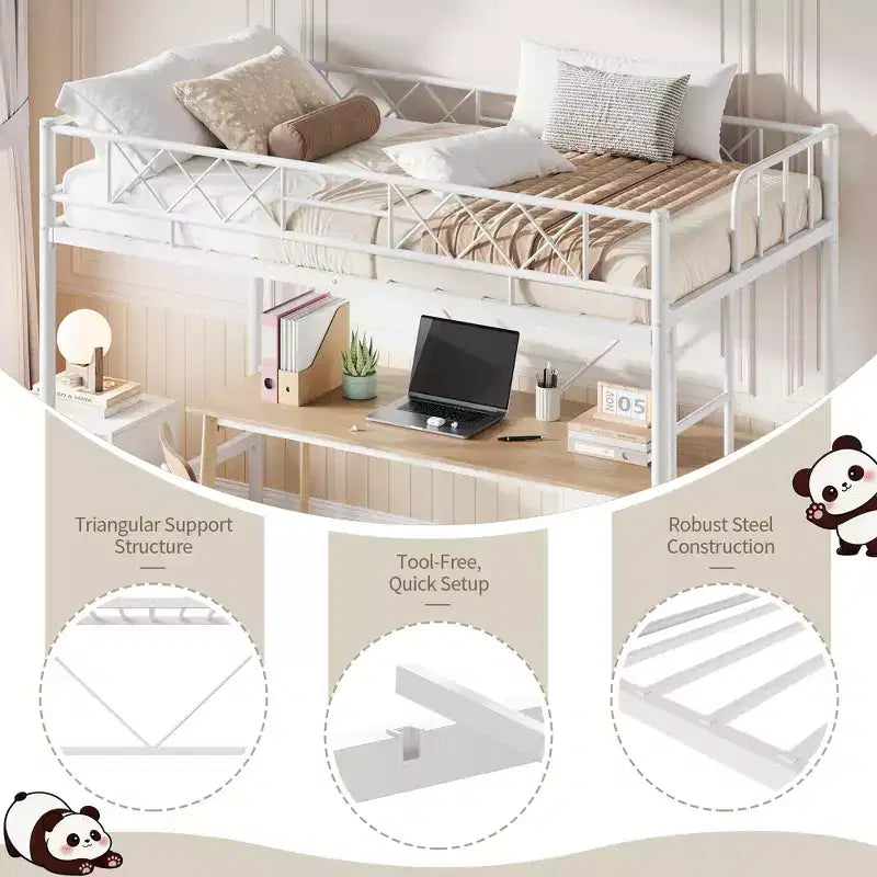Loft Bed Twin Size with Arched Safety Guardrail & Safety Ladder, Heavy Duty Metal Frame with Sturdy Steel Slats, No Box Spring Needed, Space Saving