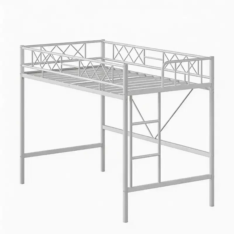 Loft Bed Twin Size with Arched Safety Guardrail & Safety Ladder, Heavy Duty Metal Frame with Sturdy Steel Slats, No Box Spring Needed, Space Saving