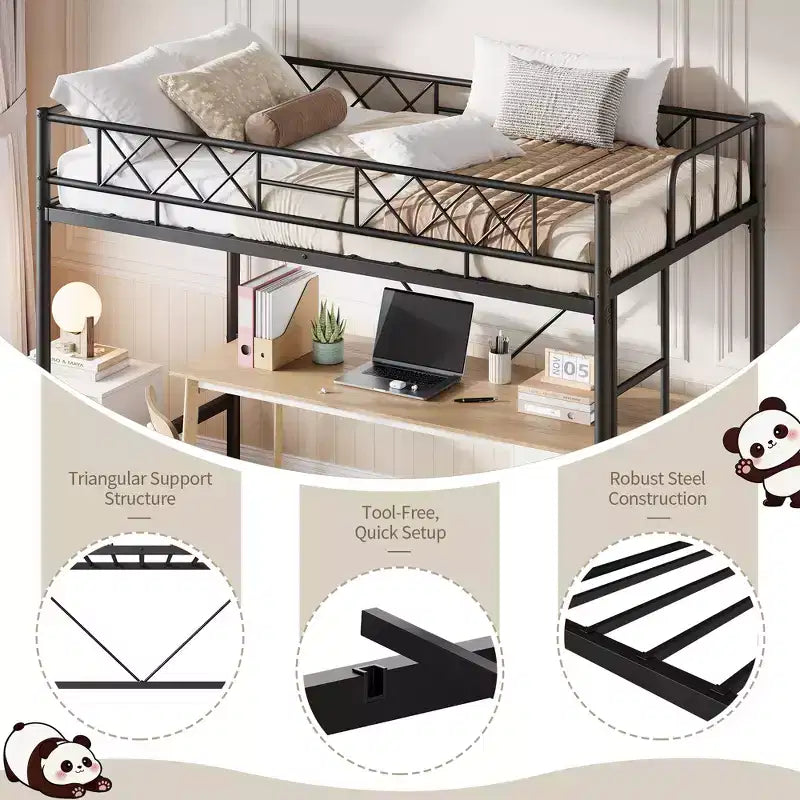 Loft Bed Twin Size with Arched Safety Guardrail & Safety Ladder, Heavy Duty Metal Frame with Sturdy Steel Slats, No Box Spring Needed, Space Saving