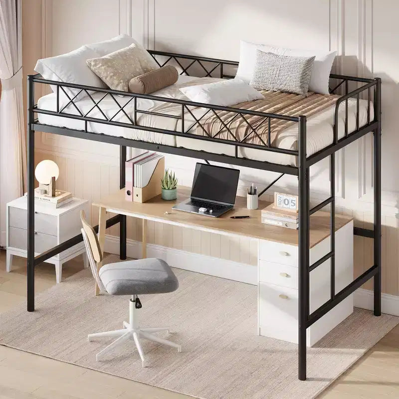 Loft Bed Twin Size with Arched Safety Guardrail & Safety Ladder, Heavy Duty Metal Frame with Sturdy Steel Slats, No Box Spring Needed, Space Saving