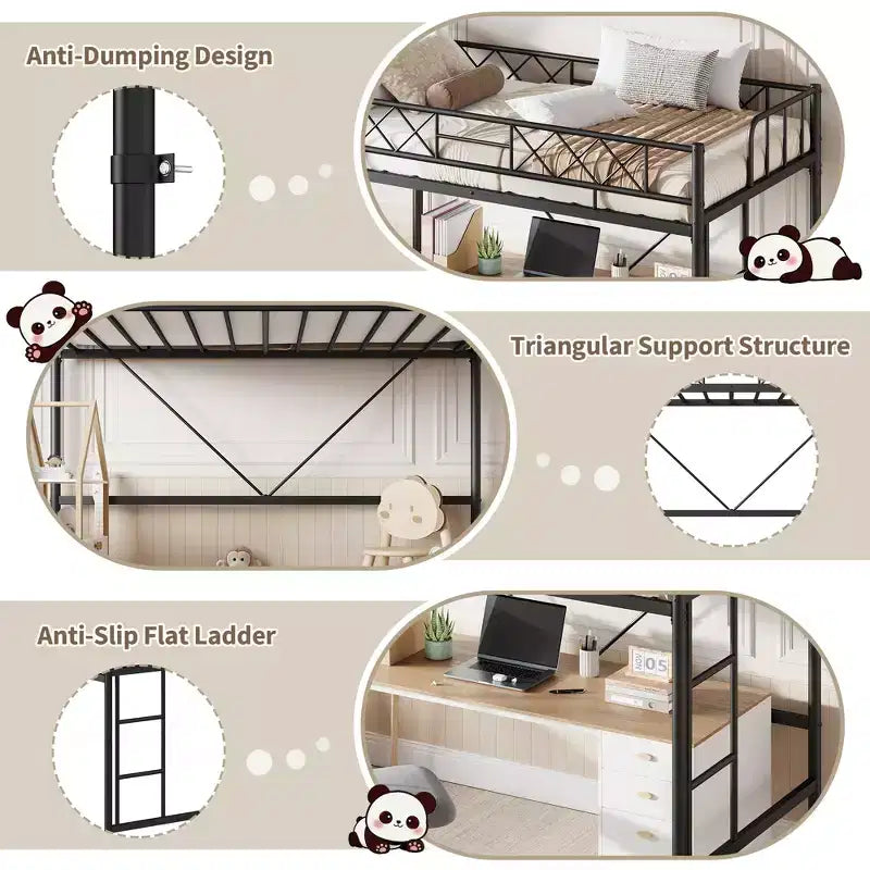 Loft Bed Twin Size with Arched Safety Guardrail & Safety Ladder, Heavy Duty Metal Frame with Sturdy Steel Slats, No Box Spring Needed, Space Saving
