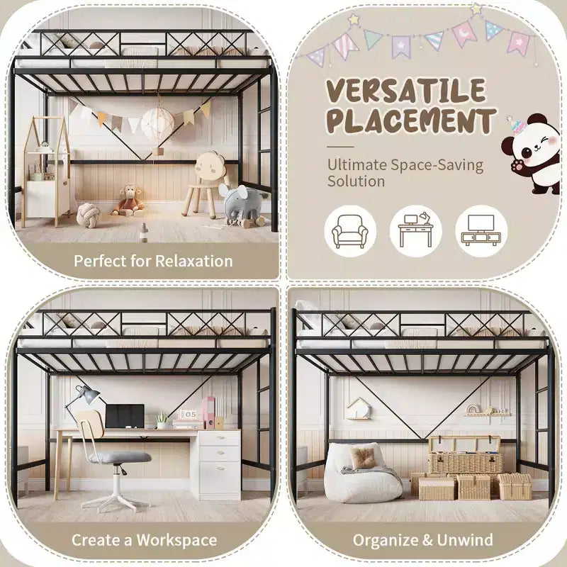 Loft Bed Twin Size with Arched Safety Guardrail & Safety Ladder, Heavy Duty Metal Frame with Sturdy Steel Slats, No Box Spring Needed, Space Saving