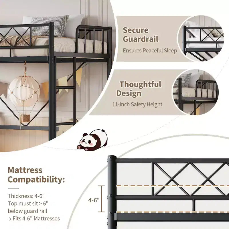 Loft Bed Twin Size with Arched Safety Guardrail & Safety Ladder, Heavy Duty Metal Frame with Sturdy Steel Slats, No Box Spring Needed, Space Saving