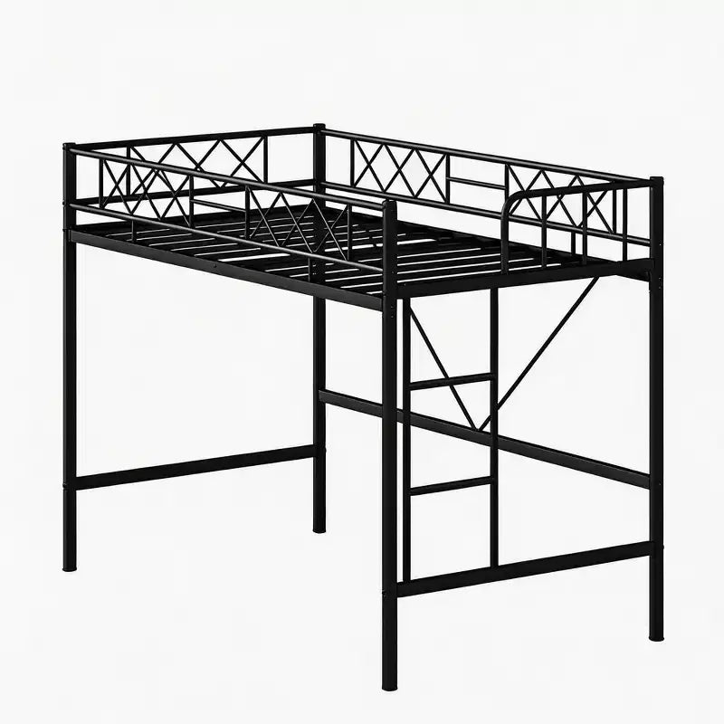 Loft Bed Twin Size with Arched Safety Guardrail & Safety Ladder, Heavy Duty Metal Frame with Sturdy Steel Slats, No Box Spring Needed, Space Saving