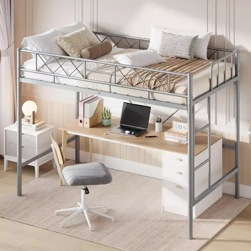 Loft Bed Twin Size with Arched Safety Guardrail & Safety Ladder, Heavy Duty Metal Frame with Sturdy Steel Slats, No Box Spring Needed, Space Saving