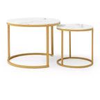 Set di 2 tavolini da caffè sovrapponibili con ripiano in marmo bianco e grigio e struttura dorata, tavolini rotondi in legno per soggiorno, camera da letto, comodino moderno in stile industriale
