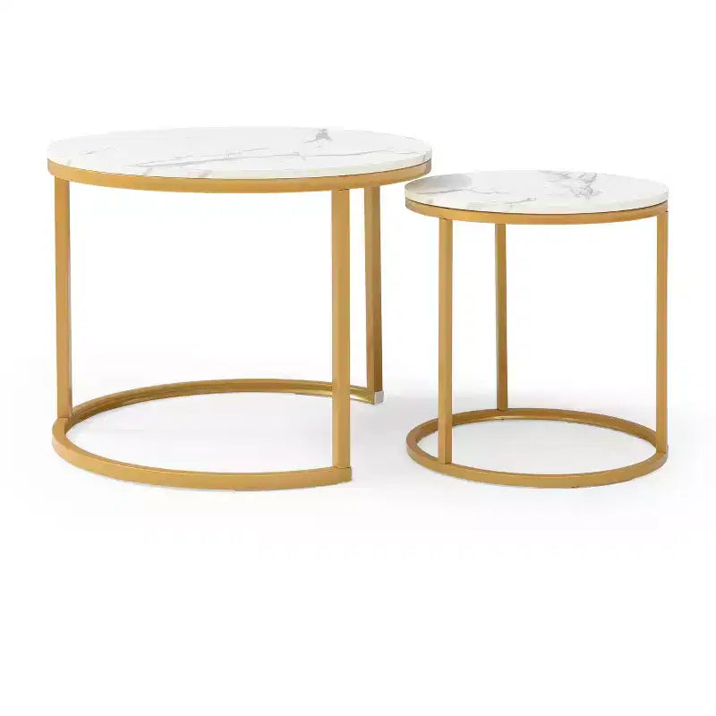 Set di 2 tavolini da caffè sovrapponibili con ripiano in marmo bianco e grigio e struttura dorata, tavolini rotondi in legno per soggiorno, camera da letto, comodino moderno in stile industriale