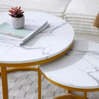 Set di 2 tavolini da caffè sovrapponibili con ripiano in marmo bianco e grigio e struttura dorata, tavolini rotondi in legno per soggiorno, camera da letto, comodino moderno in stile industriale
