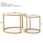 Set di 2 tavolini da caffè sovrapponibili con ripiano in marmo bianco e grigio e struttura dorata, tavolini rotondi in legno per soggiorno, camera da letto, comodino moderno in stile industriale