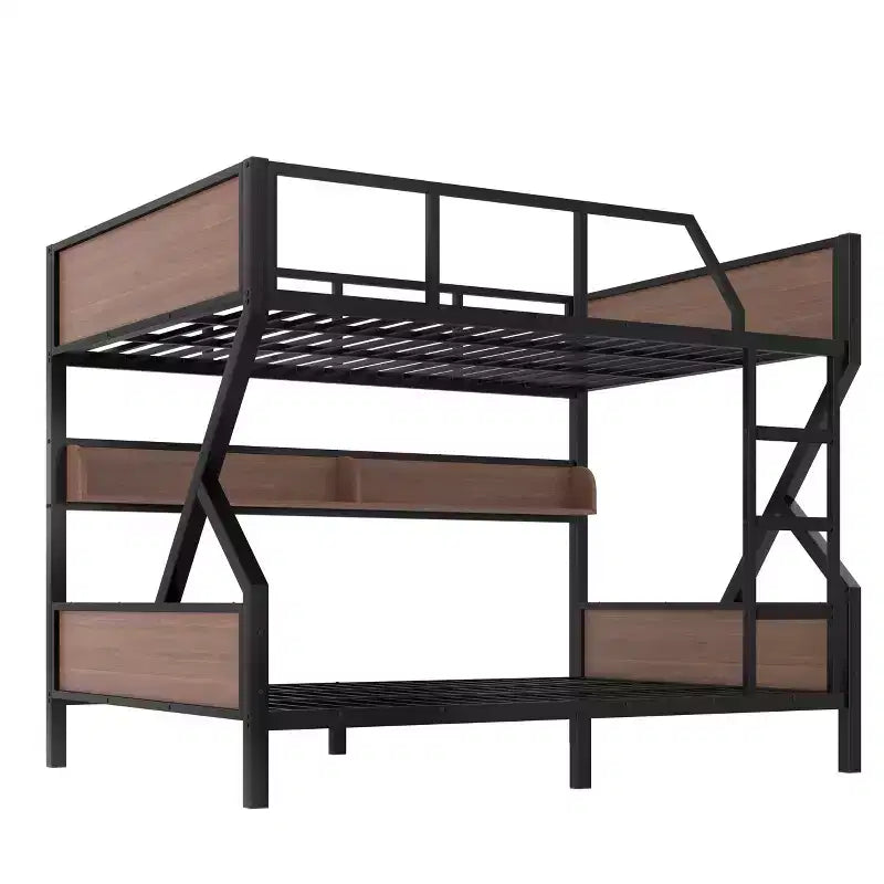 Bellemave Queen over Queen Metal Bunk Bed with Storage Shelves & LED Light, Heavy-Duty Bunk Bed Frame with Guardrails & Ladder, Noise-Free, Black