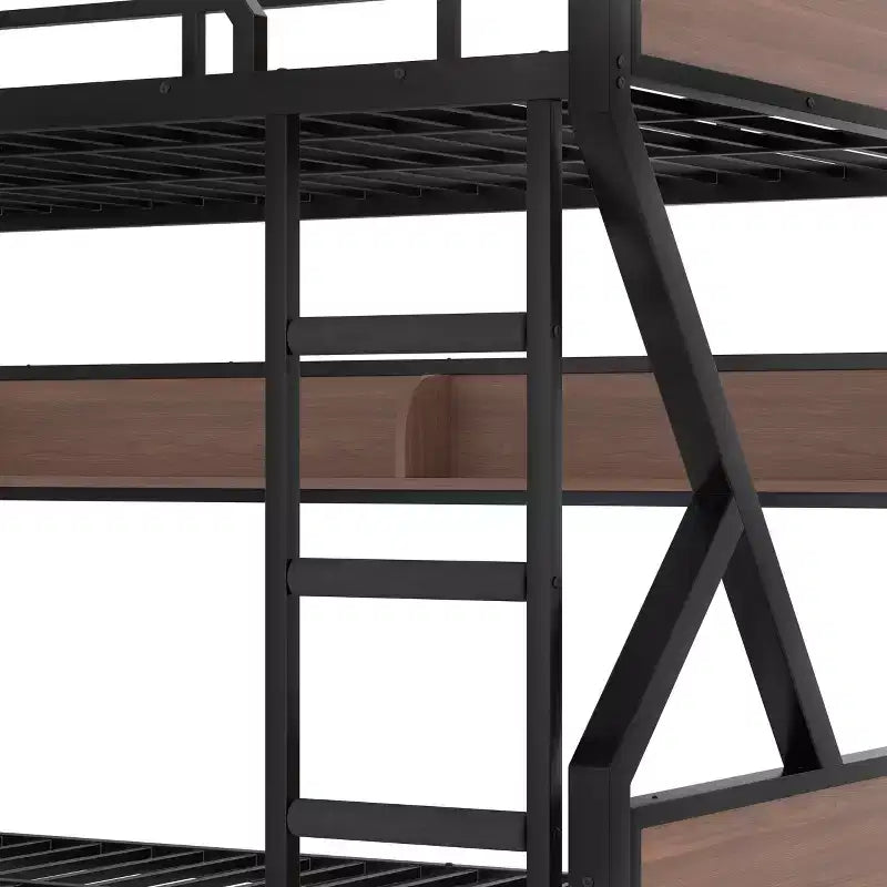 Bellemave Queen over Queen Metal Bunk Bed with Storage Shelves & LED Light, Heavy-Duty Bunk Bed Frame with Guardrails & Ladder, Noise-Free, Black