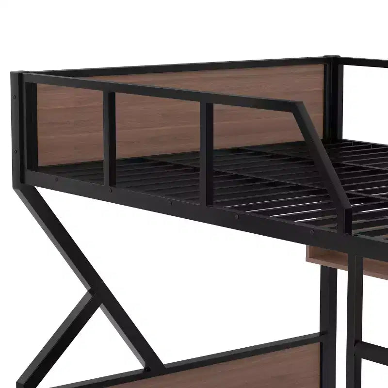 Bellemave Queen over Queen Metal Bunk Bed with Storage Shelves & LED Light, Heavy-Duty Bunk Bed Frame with Guardrails & Ladder, Noise-Free, Black