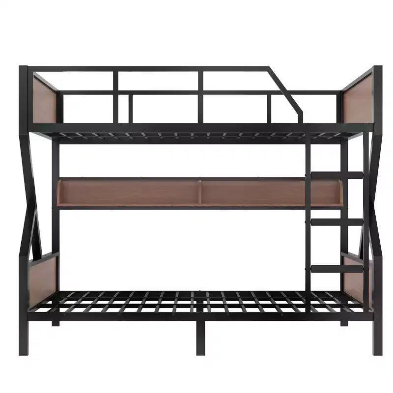 Bellemave Queen over Queen Metal Bunk Bed with Storage Shelves & LED Light, Heavy-Duty Bunk Bed Frame with Guardrails & Ladder, Noise-Free, Black