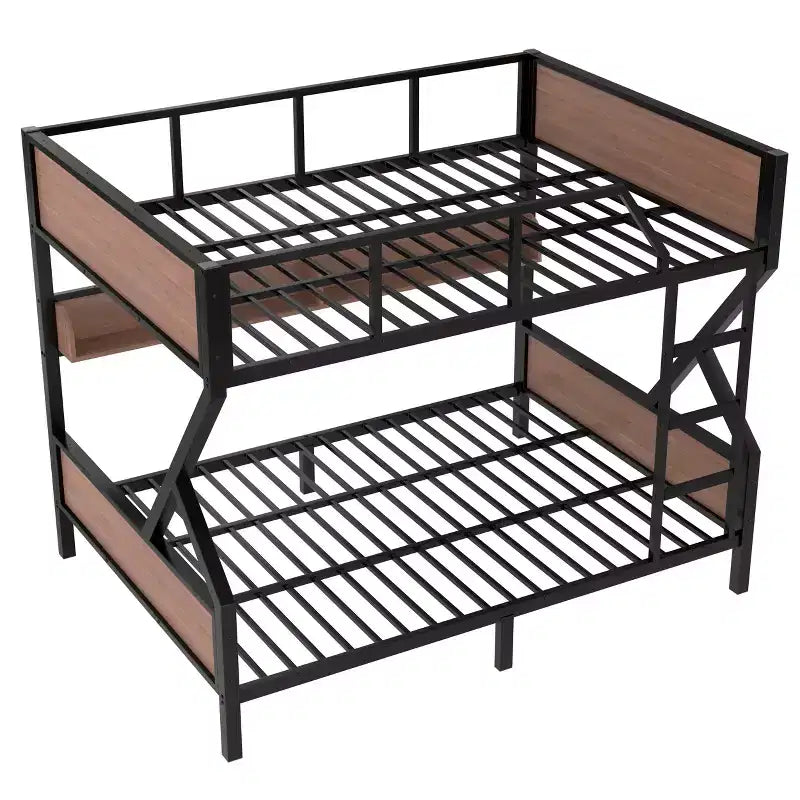 Bellemave Queen over Queen Metal Bunk Bed with Storage Shelves & LED Light, Heavy-Duty Bunk Bed Frame with Guardrails & Ladder, Noise-Free, Black