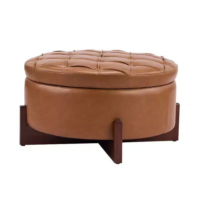 Christopher Knight Home Javier Modern Wooden Upholstered Round Storage Ottoman with Tufted Design and Reversible Lid