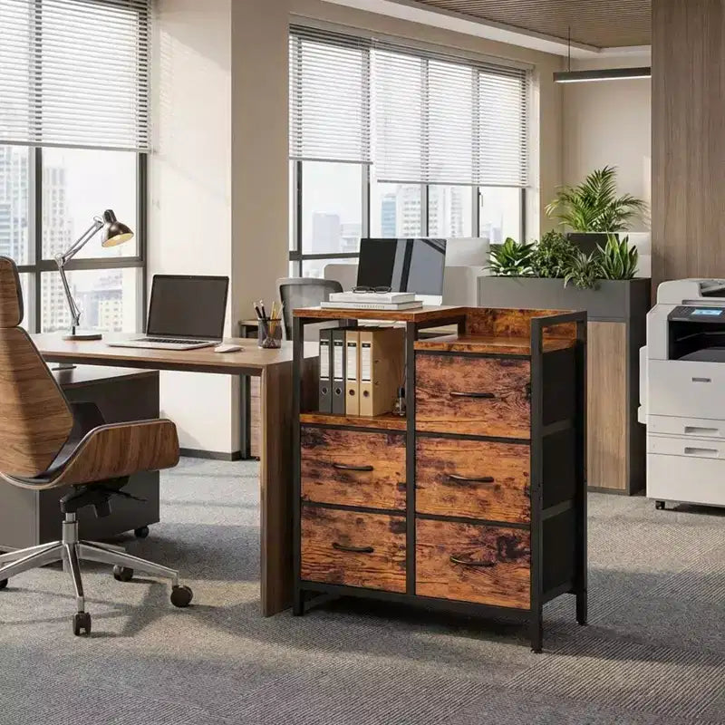 5-Drawer Cabinet with Open Shelf, Fabric Lateral Filing Cabinet for Office