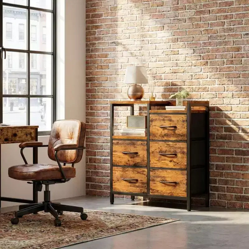5-Drawer Cabinet with Open Shelf, Fabric Lateral Filing Cabinet for Office