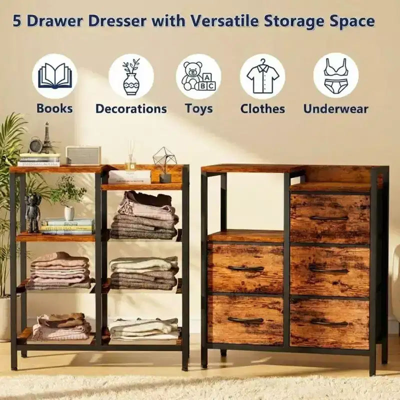 5-Drawer Cabinet with Open Shelf, Fabric Lateral Filing Cabinet for Office