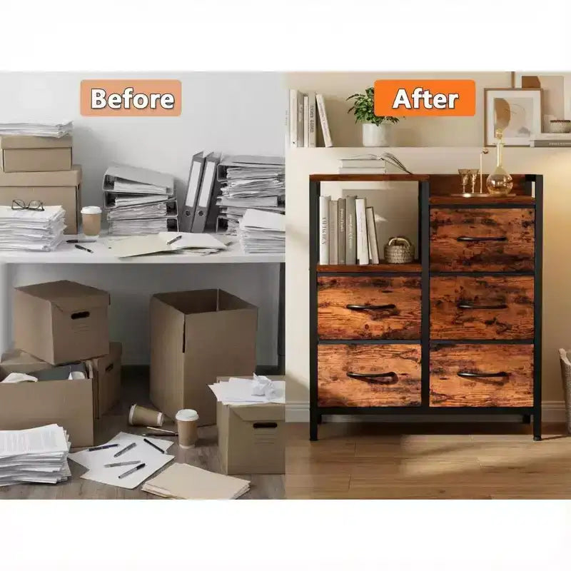 5-Drawer Cabinet with Open Shelf, Fabric Lateral Filing Cabinet for Office