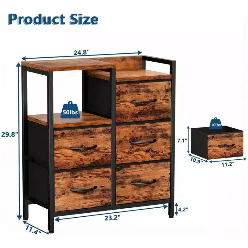 5-Drawer Cabinet with Open Shelf, Fabric Lateral Filing Cabinet for Office