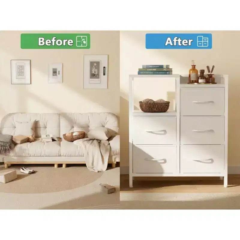 5-Drawer Cabinet with Open Shelf, Fabric Lateral Filing Cabinet for Office