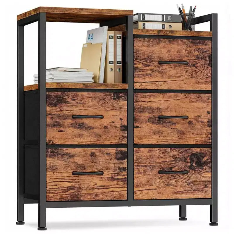 5-Drawer Cabinet with Open Shelf, Fabric Lateral Filing Cabinet for Office