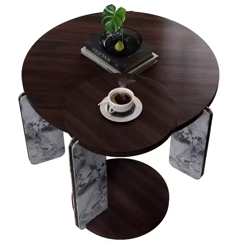 Set di Tavolini da Caffè Rotondi Ora Maison Modern con Gambe in Pietra Sinterizzata e Tavolino Laterale Abbinato, Nero