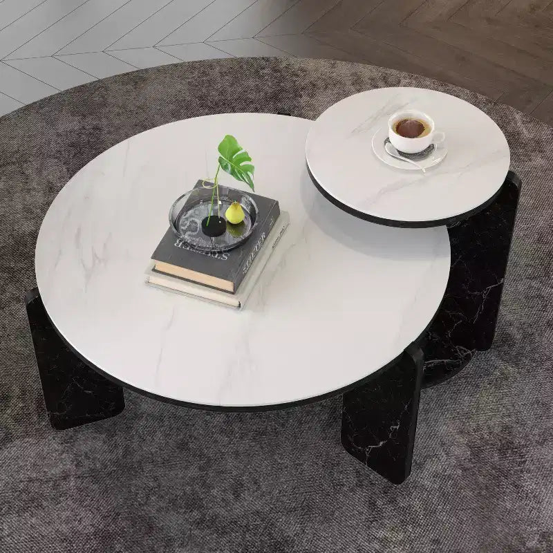Set di Tavolini da Caffè Rotondi Ora Maison Modern con Gambe in Pietra Sinterizzata e Tavolino Laterale Abbinato, Nero