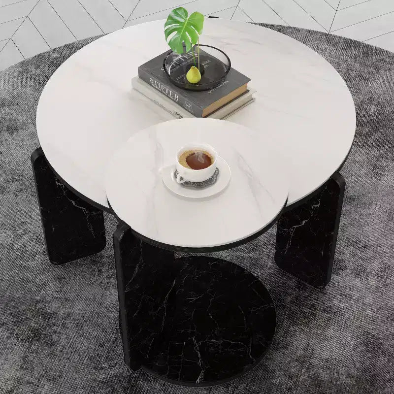 Set di Tavolini da Caffè Rotondi Ora Maison Modern con Gambe in Pietra Sinterizzata e Tavolino Laterale Abbinato, Nero
