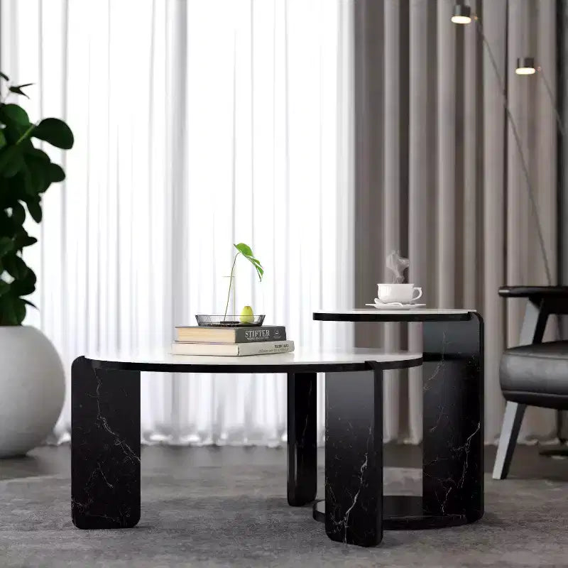 Set di Tavolini da Caffè Rotondi Ora Maison Modern con Gambe in Pietra Sinterizzata e Tavolino Laterale Abbinato, Nero