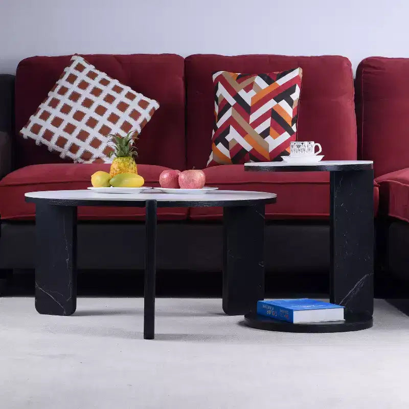 Set di Tavolini da Caffè Rotondi Ora Maison Modern con Gambe in Pietra Sinterizzata e Tavolino Laterale Abbinato, Nero