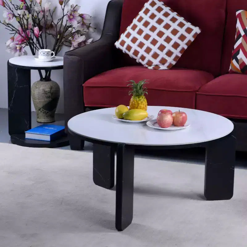 Set di Tavolini da Caffè Rotondi Ora Maison Modern con Gambe in Pietra Sinterizzata e Tavolino Laterale Abbinato, Nero