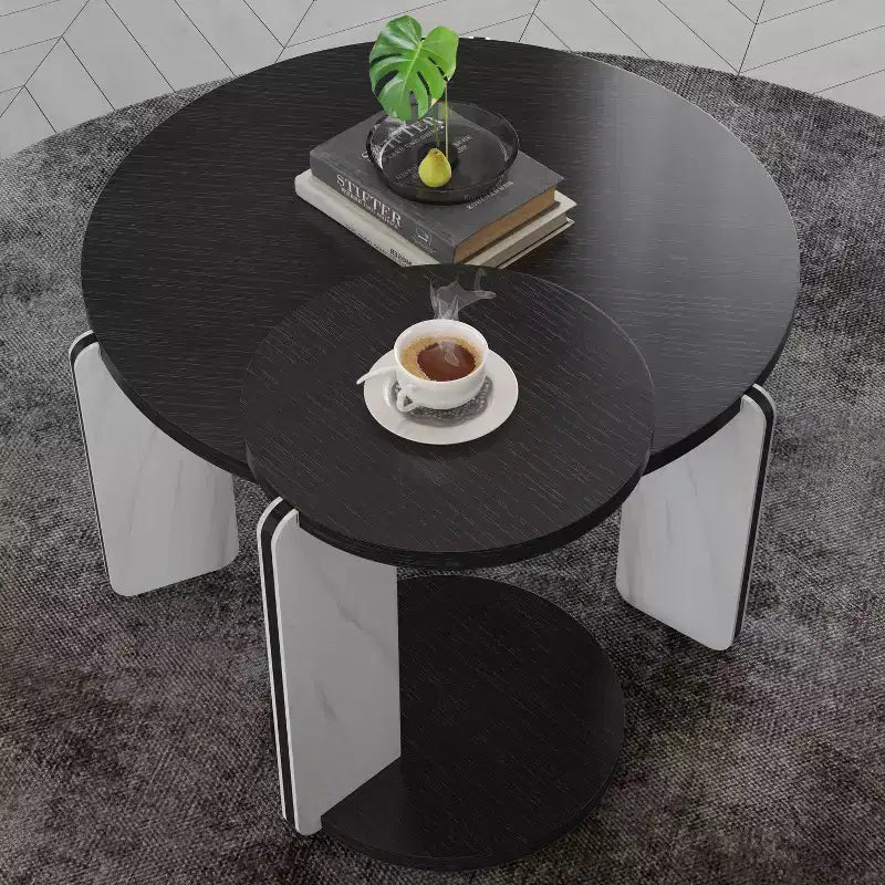 Set di Tavolini da Caffè Rotondi Ora Maison Modern con Gambe in Pietra Sinterizzata e Tavolino Laterale Abbinato, Nero